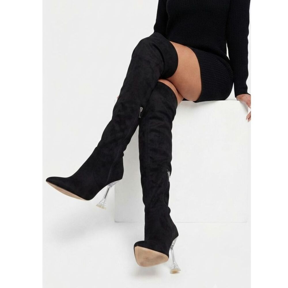 Gianni Bini Black Faux Suede Over The Knee Boots Sz 7.5 Clear Sculptural Heel